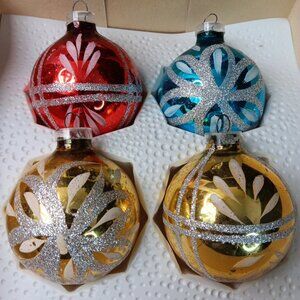 Vintage Western Germany 4 Christmas Ornaments Hand Painted Glass With Glitter
